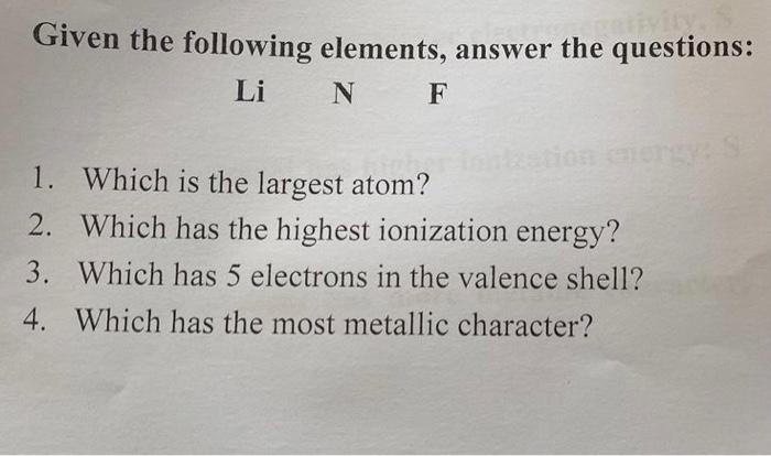 Solved Given The Following Elements, Answer The Questions: | Chegg.com