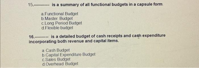 Solved 15.----------- Is A Summary Of All Functional Budgets | Chegg.com