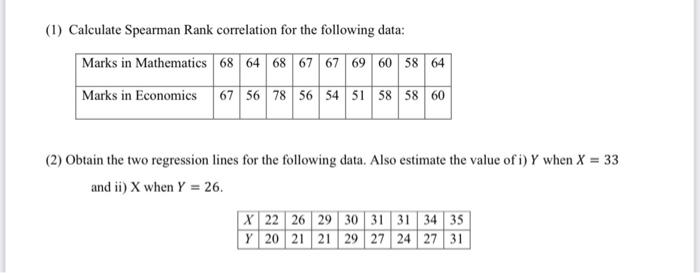Solved (1) Calculate Spearman Rank correlation for the | Chegg.com
