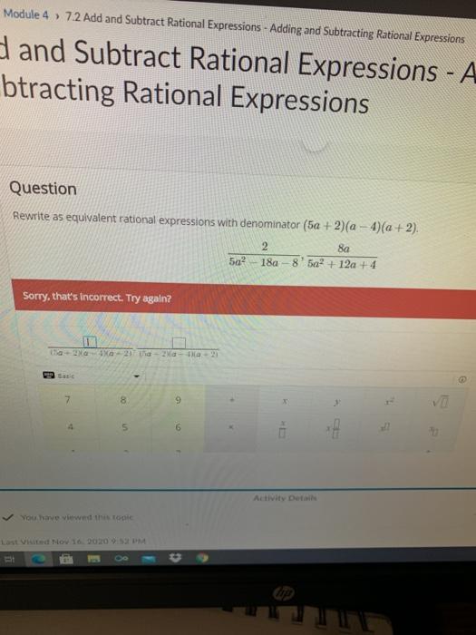 Solved Module 4 > 7.2 Add and Subtract Rational Expressions | Chegg.com