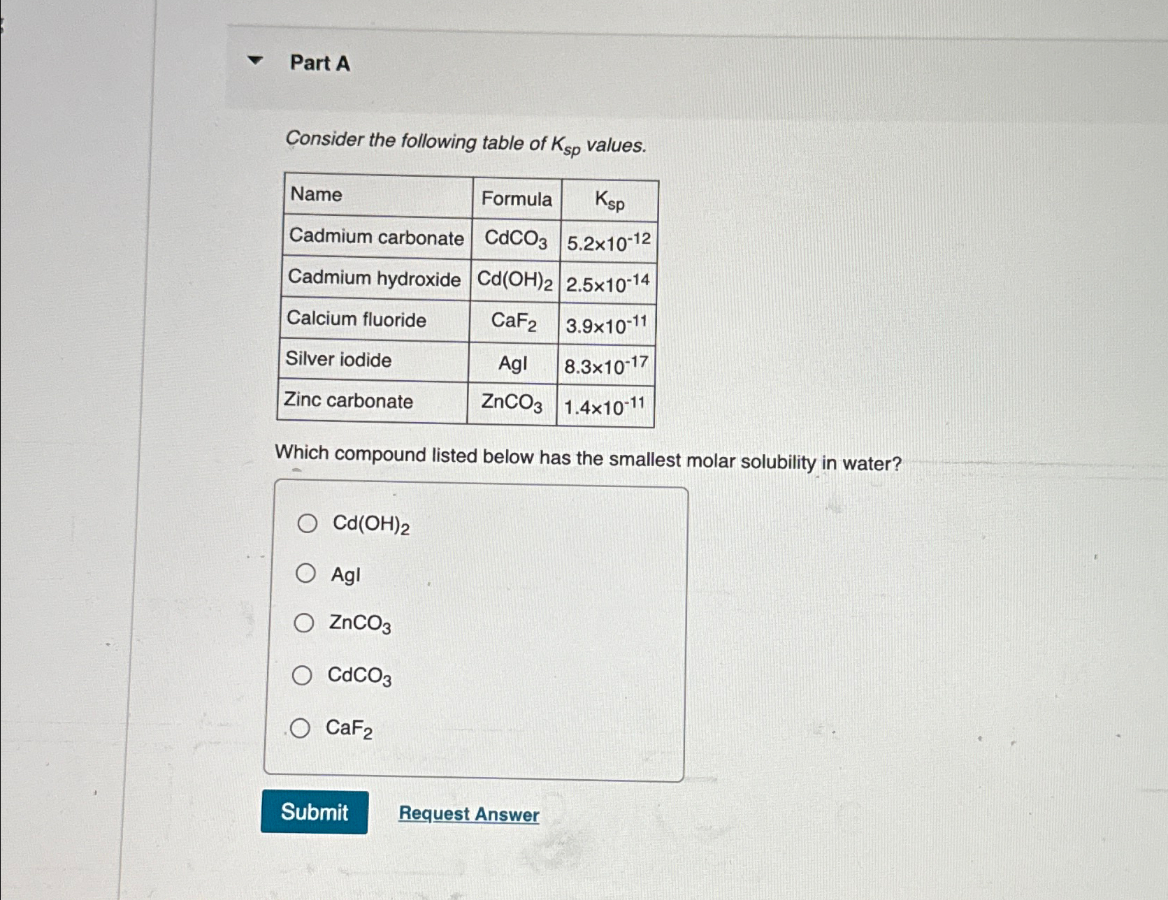 Solved Part AConsider the following table of Ksp | Chegg.com