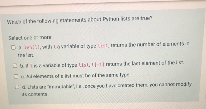 Solved Which of the following statements about Python lists | Chegg.com