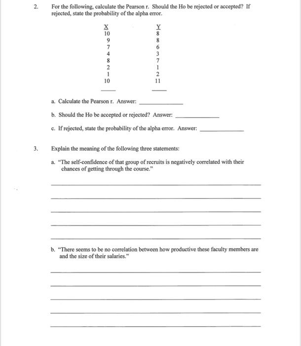 Solved 2. For the following, calculate the Pearson r. Should | Chegg.com