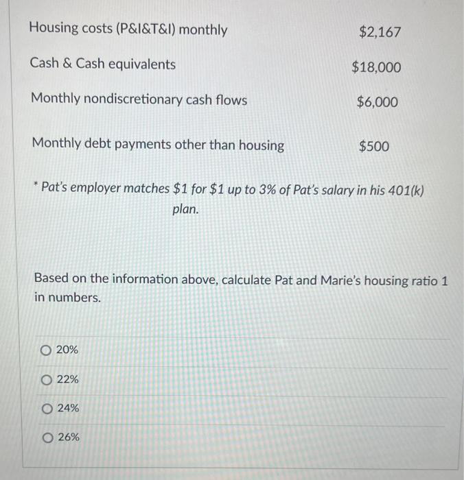 * Pats employer matches \( \$ 1 \) for \( \$ 1 \) up to \( 3 \% \) of Pats salary in his \( 401(k) \) plan.
Based on the in