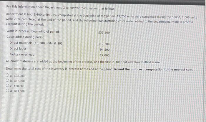 Solved Use this information about Department 6 to answer the | Chegg.com