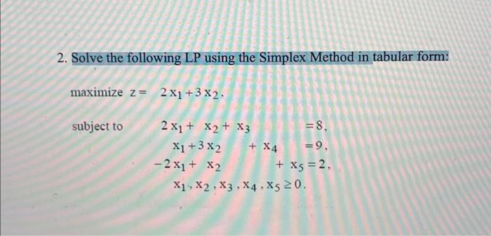 Solved 2. Solve the following LP using the Simplex Method in | Chegg.com