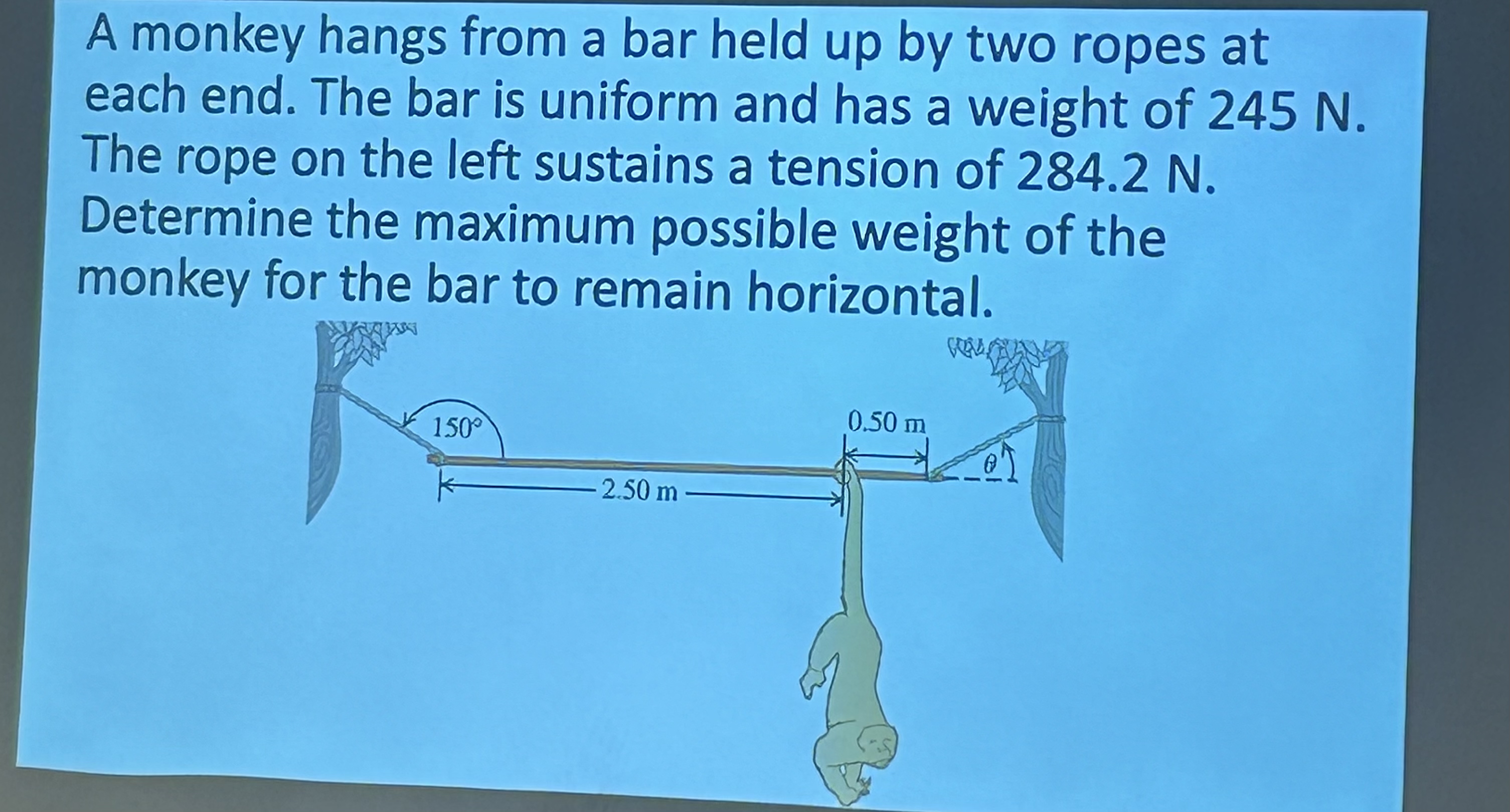 Solved A monkey hangs from a bar held up by two ropes at | Chegg.com