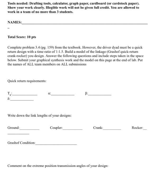 Tools needed Drafting tools, calculator, graph