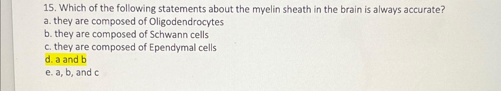 Solved Which of the following statements about the myelin | Chegg.com