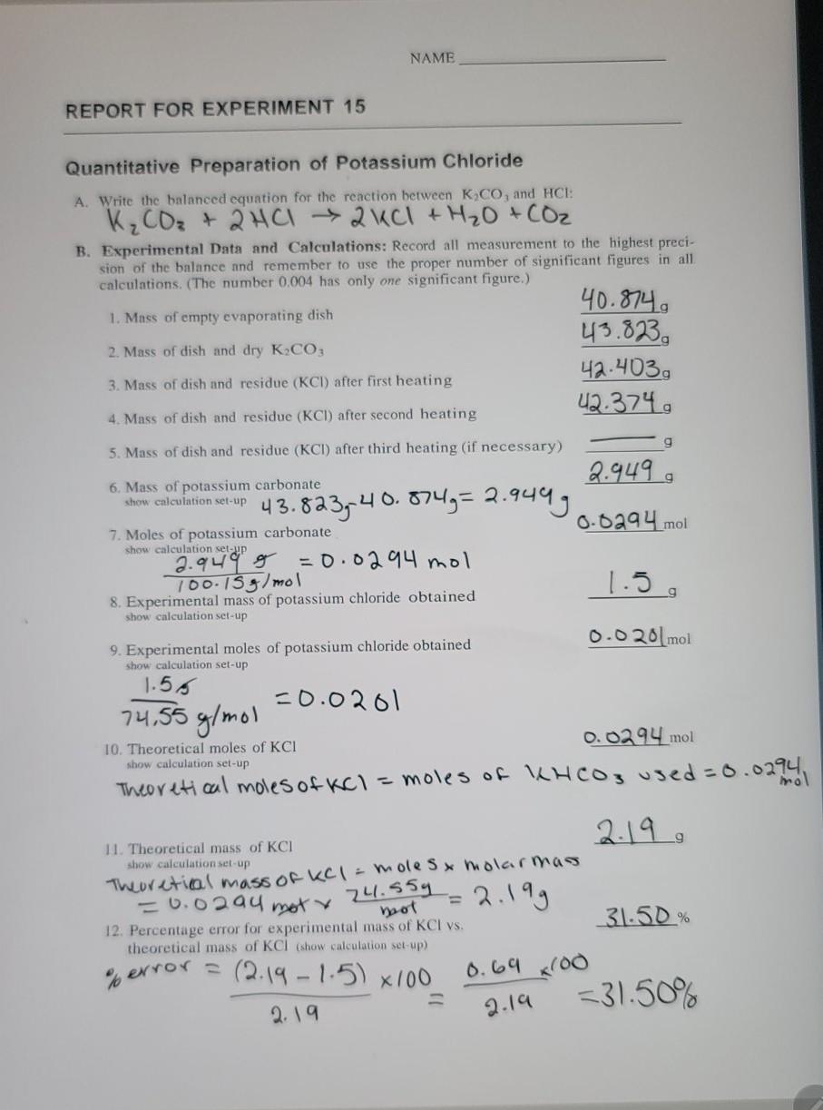 Solved NAME REPORT FOR EXPERIMENT 15 Quantitative | Chegg.com