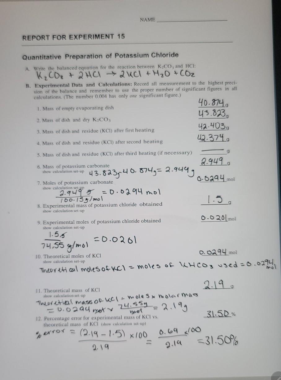 Solved Name Report For Experiment 15 Quantitative