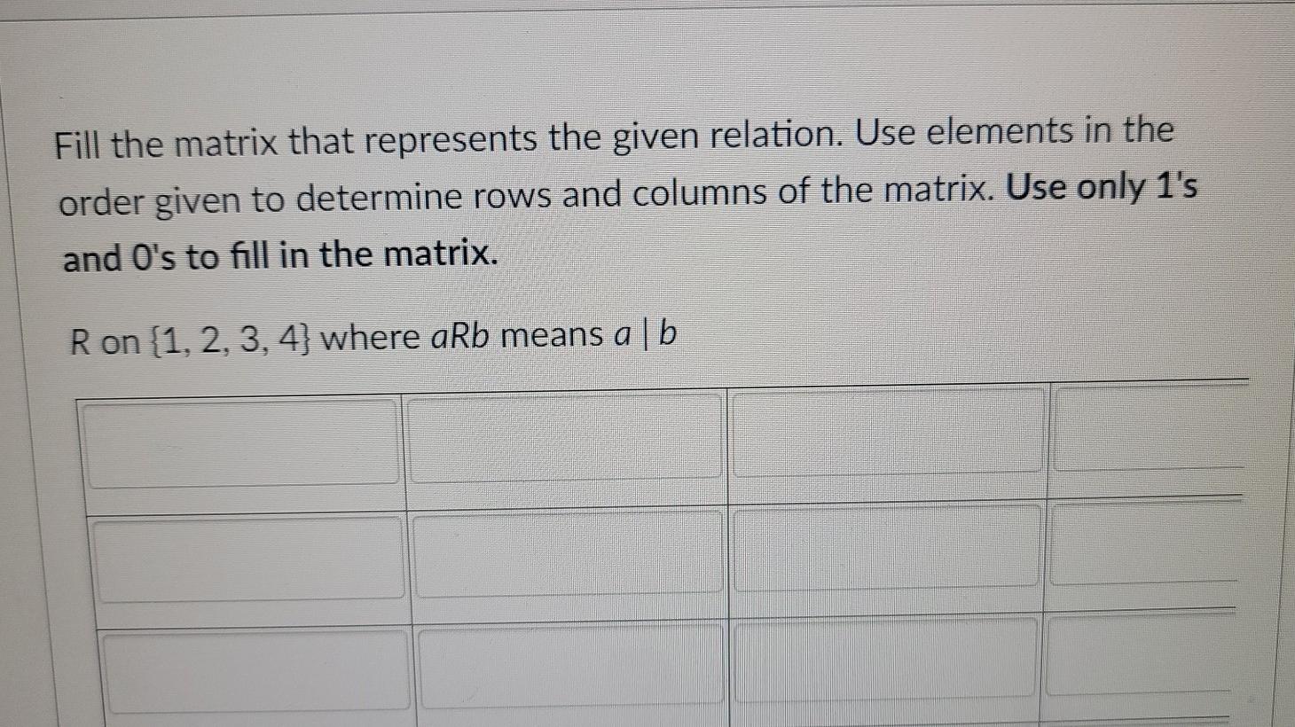 Fill the matrix that represents the given relation. | Chegg.com