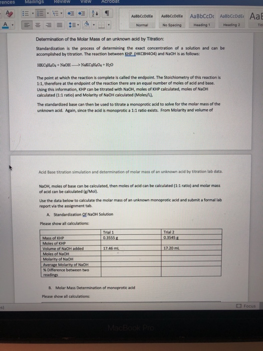 Solved B. Molar Mass Determination Of Monoprotic Acid Please | Chegg.com