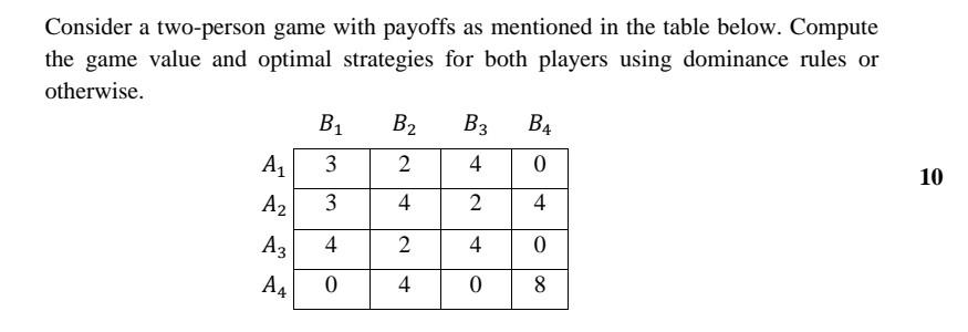 Solved Consider a two-person game with payoffs as mentioned | Chegg.com