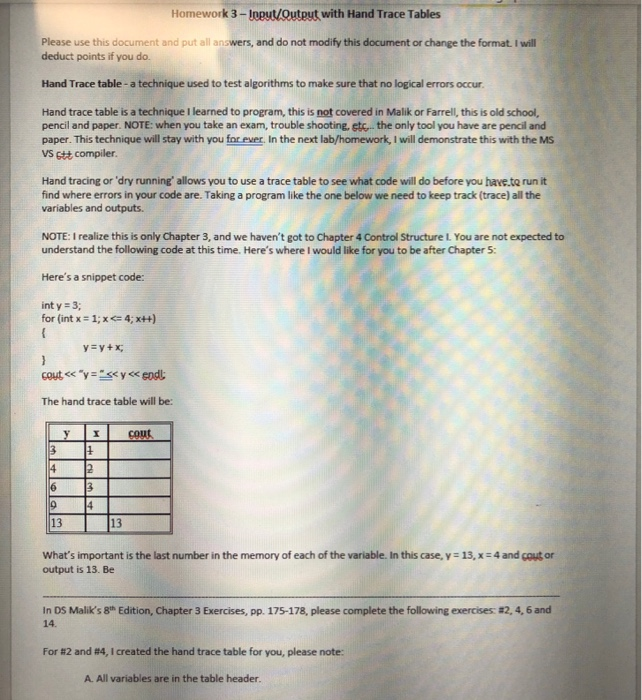 Homework 3-loput/Output with Hand Trace Tables Please | Chegg.com