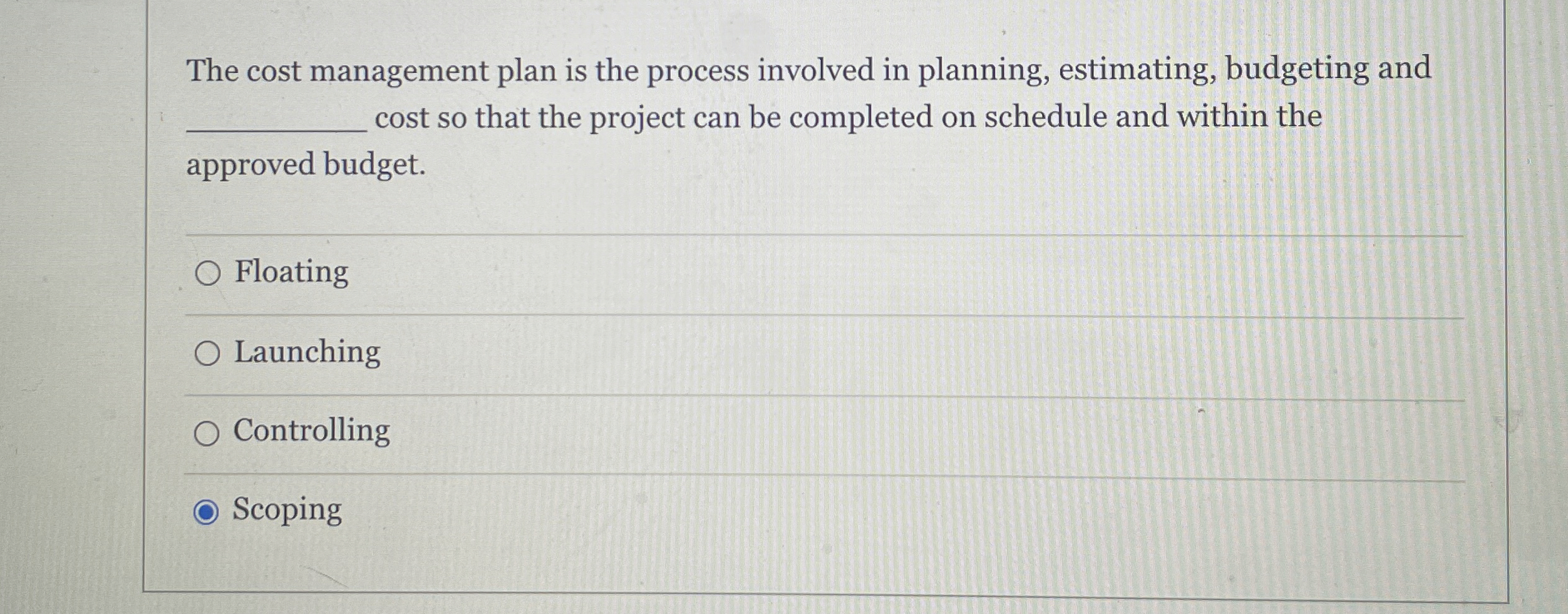 Solved The cost management plan is the process involved in | Chegg.com