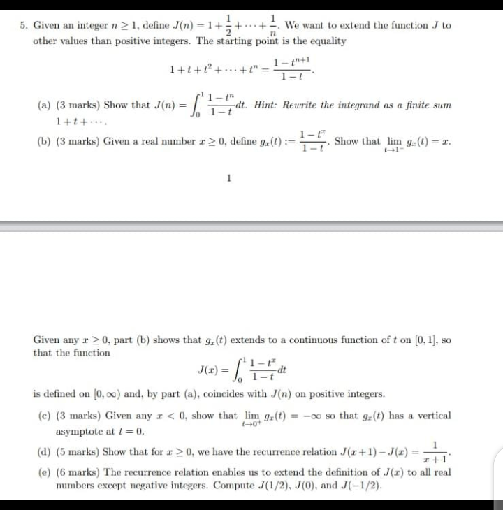 Solved Given an integer n≥1, define J(n)=1+21+⋯+n1. We want | Chegg.com