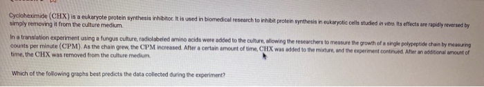 Solved Cycloheximide (CHX) is a eukaryote protein synthesis | Chegg.com