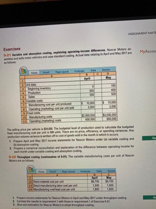 Solved ASSIGNMENT MATE MyAccou Exercises 9-21 Variable and | Chegg.com