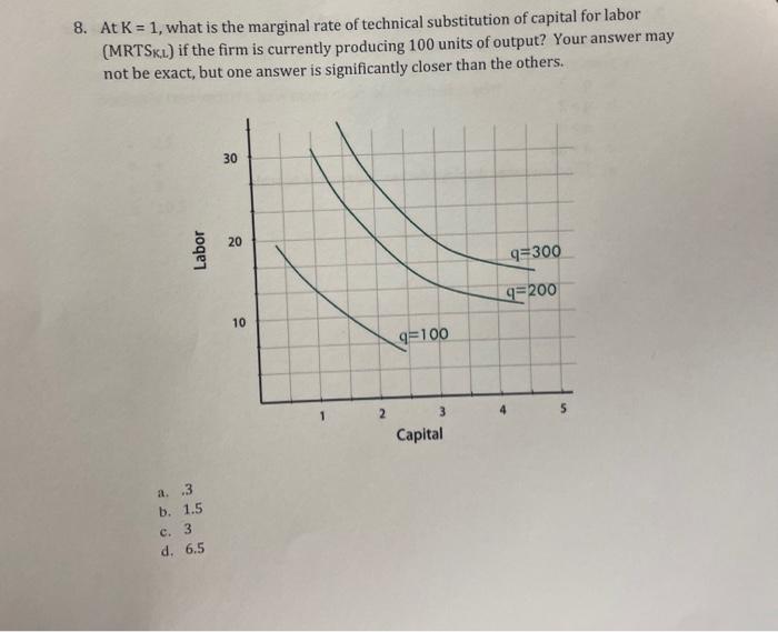 8. At \( K=1 \), what is the marginal rate of technical substitution of capital for labor (MRTS \( \mathrm{k}_{\mathrm{L} .} 