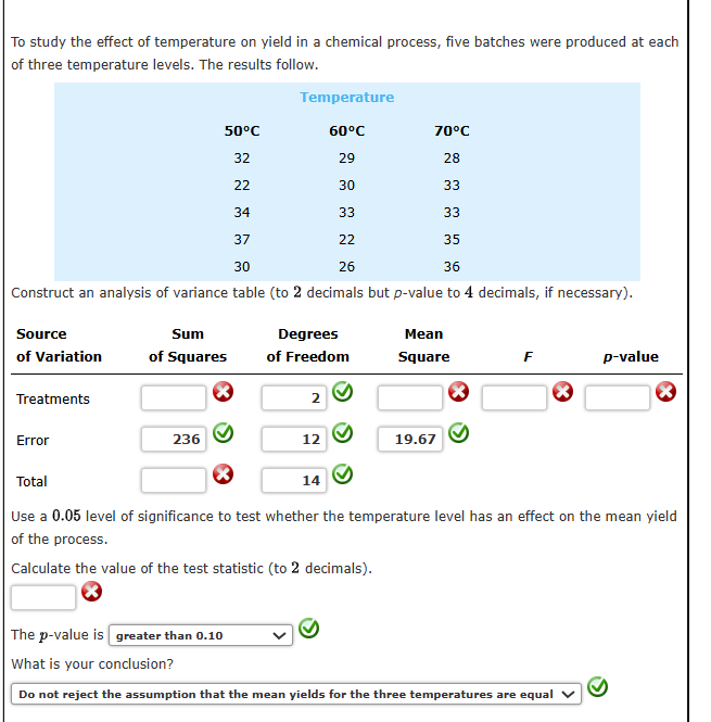 Solved To study the effect of temperature on yield in a | Chegg.com