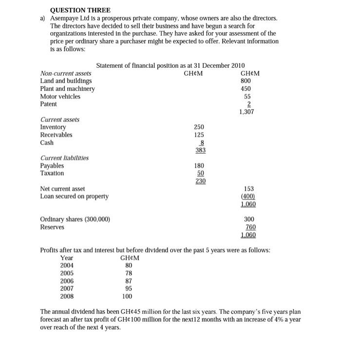 Solved QUESTION THREE a) Asempaye Ltd is a prosperous | Chegg.com