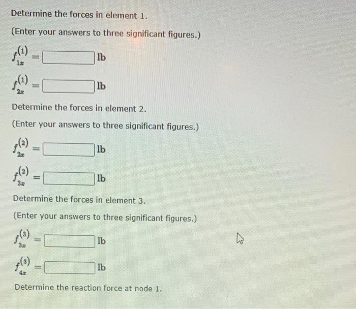 Determine the forces in element \( 1 . \)
(Enter your answers to three significant figures.)
\[
\begin{array}{ll}
f_{1 x}^{(1