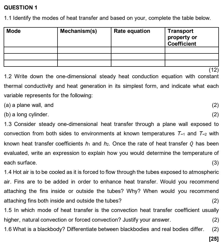 Solved QUESTION 1 1.1 Identify The Modes Of Heat Transfer | Chegg.com