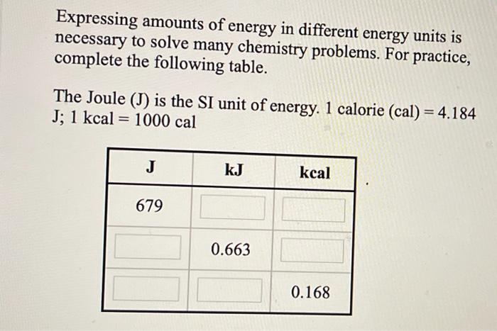 Solved Expressing Amounts Of Energy In Different Energy | Chegg.com