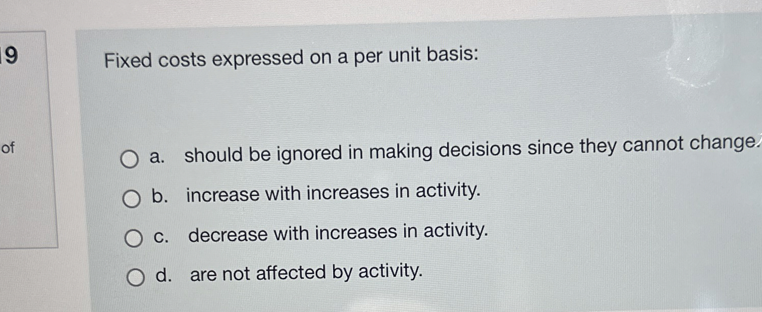 Solved Fixed costs expressed on a per unit basis:a. ﻿should | Chegg.com
