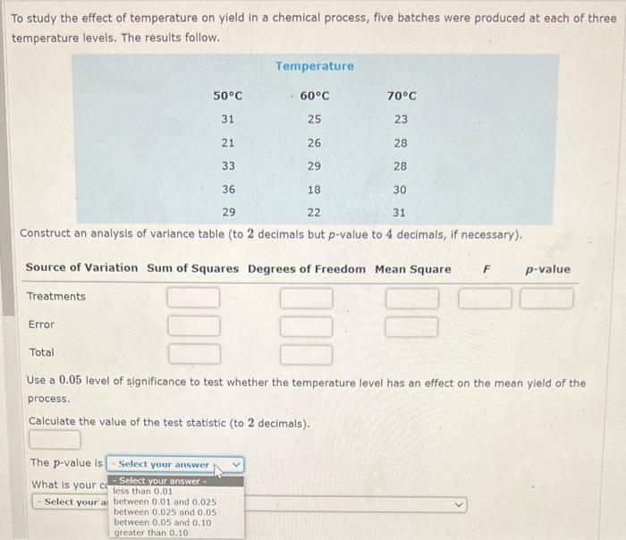 Solved To study the effect of temperature on yield in a | Chegg.com