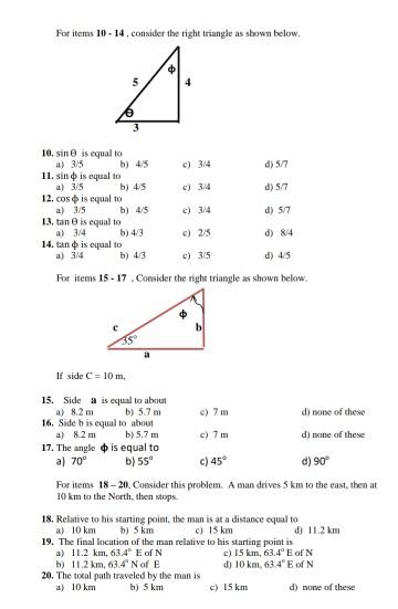 Solved For Items 10 14consider The Right Triangle As Shown Chegg Com