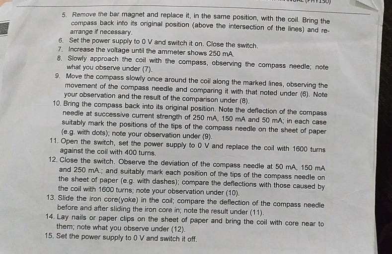 Table 1: Observation and sketch of compass needle | Chegg.com