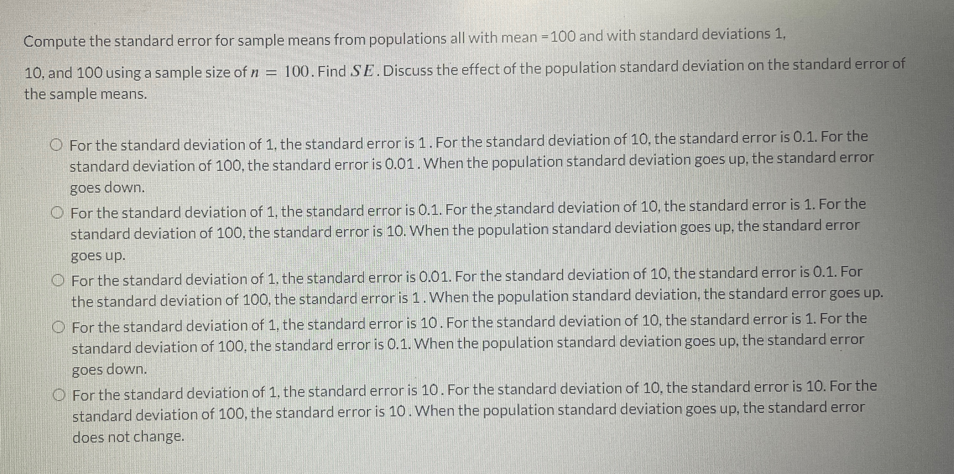 Solved Compute the standard error for sample means from | Chegg.com
