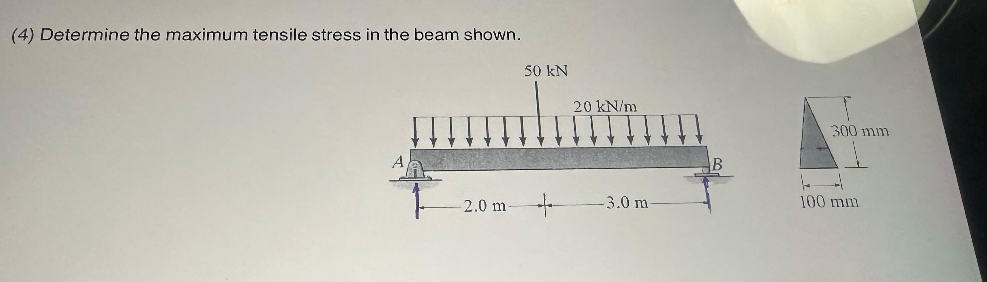 Solved (4) ﻿Determine the maximum tensile stress in the beam | Chegg.com