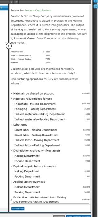 Entries for Process Cost System Preston \& Grover | Chegg.com