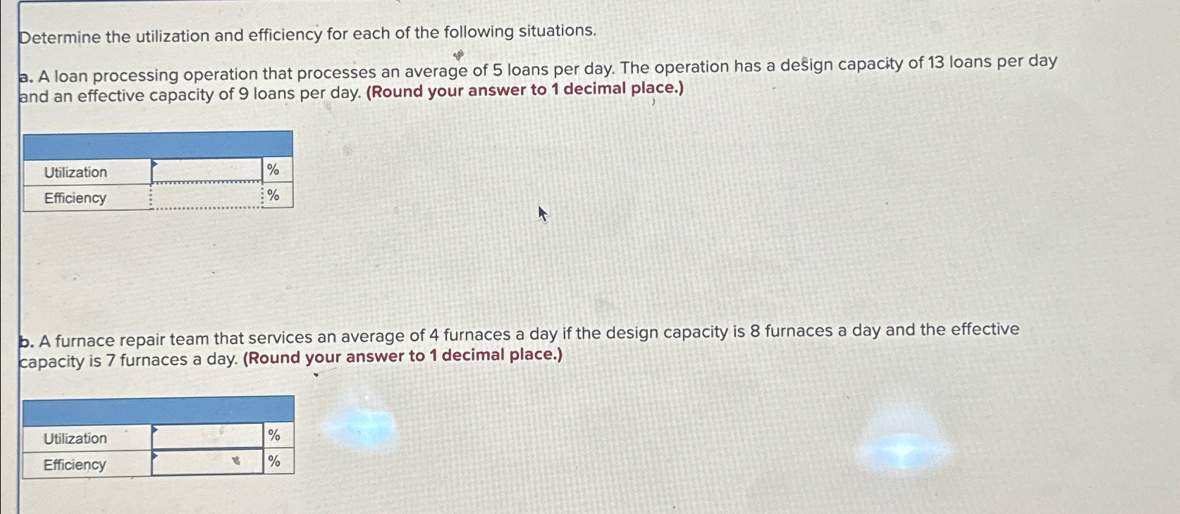 Solved Determine the utilization and efficiency for each of | Chegg.com