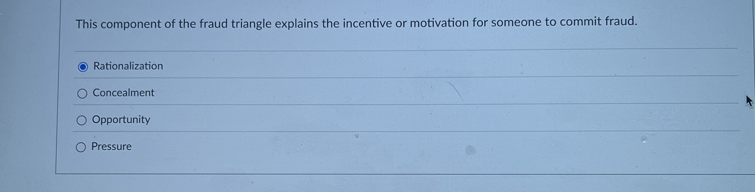Solved This component of the fraud triangle explains the | Chegg.com