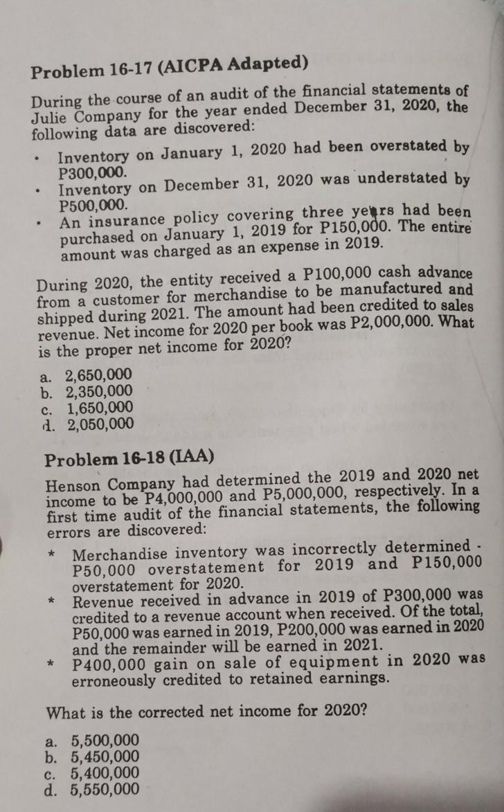 Solved Problem 16-17 (AICPA Adapted) During The Course Of An | Chegg.com