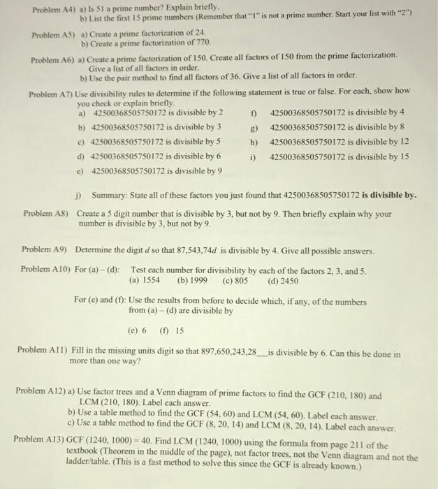 Problem A4) a) is 51 a prime number? Explain briefly. | Chegg.com