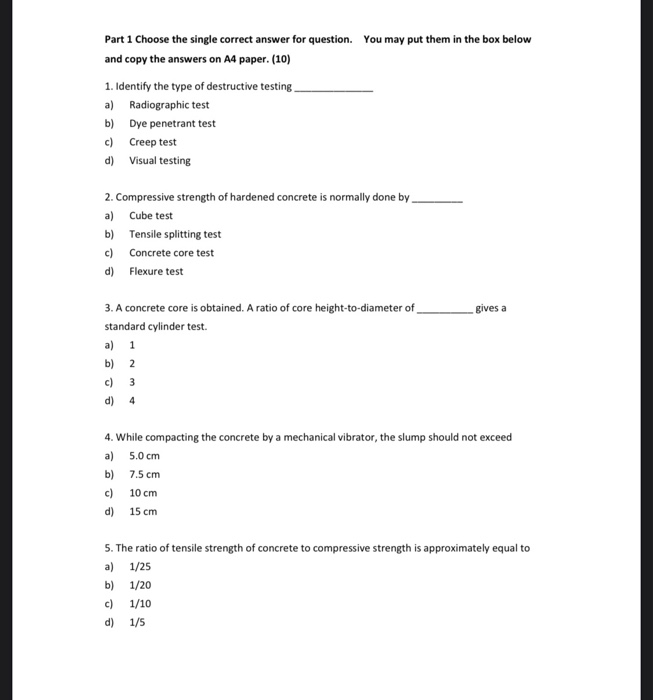 Solved Part 1 Choose the single correct answer for question. | Chegg.com