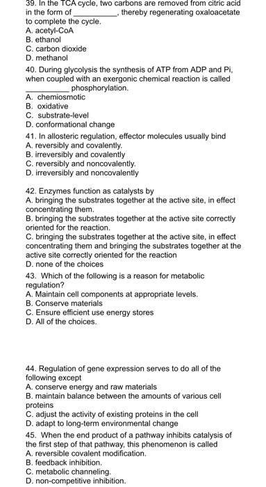 Solved 39. In the TCA cycle, two carbons are removed from | Chegg.com