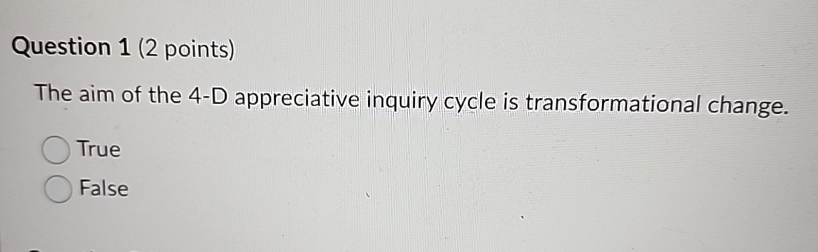 Solved Question 1 (2 ﻿points)The aim of the 4-D appreciative | Chegg.com