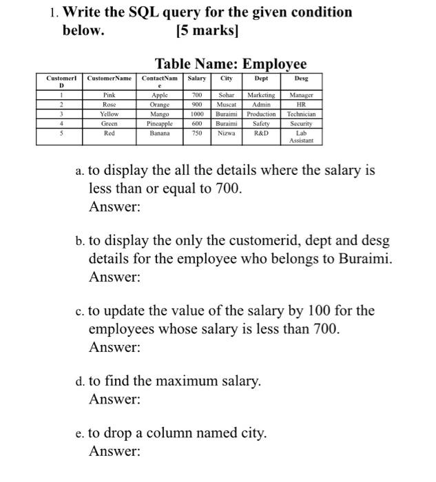 Solved 1. Write the SQL query for the given condition below. | Chegg.com