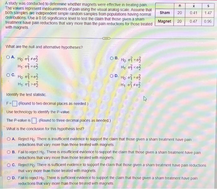 Solved A study was conducted to determine whether magnets | Chegg.com