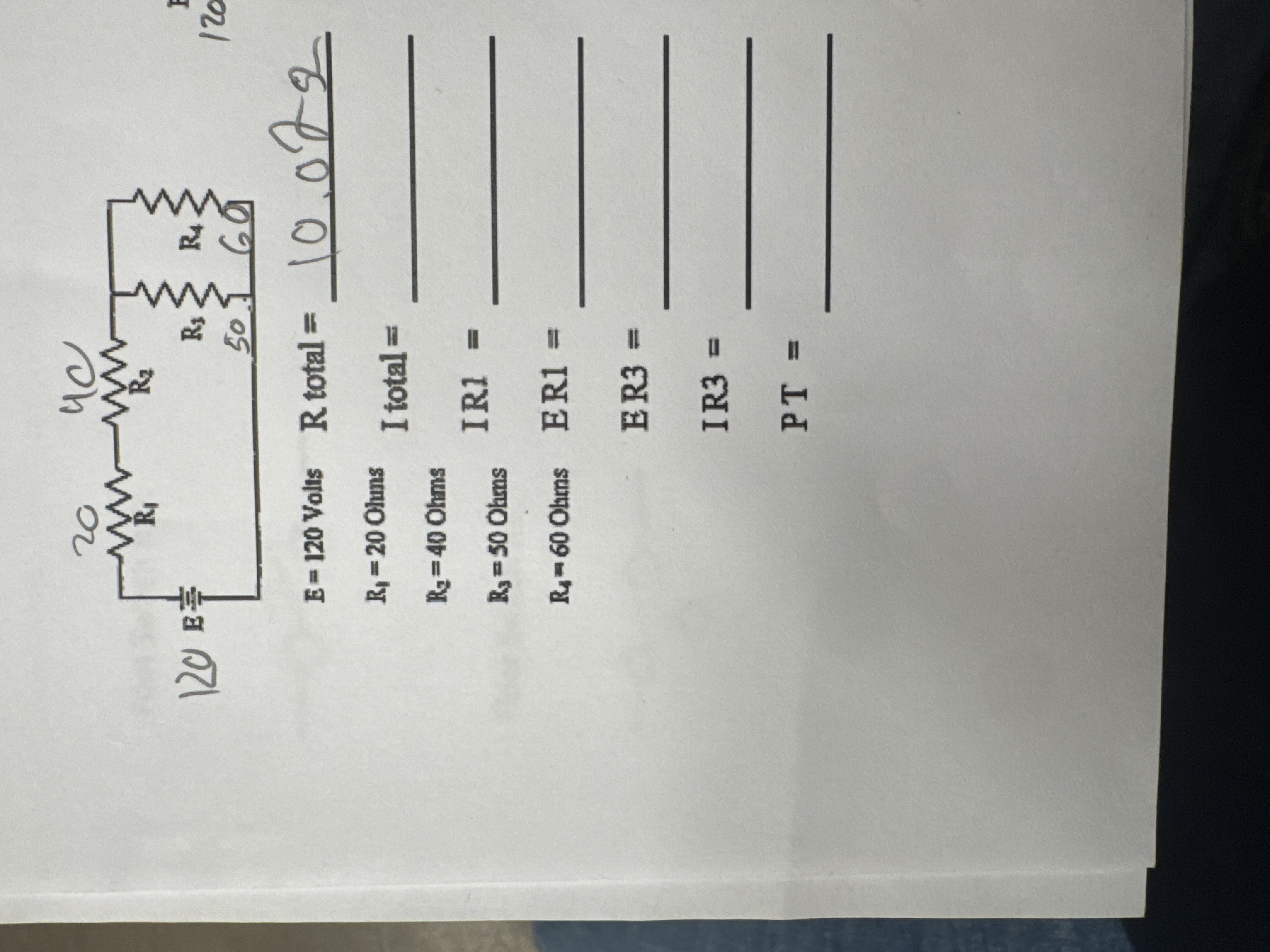 Solved E=120 ﻿Volls R ﻿total =R1=20 ﻿Ohns I total =R2=40 | Chegg.com