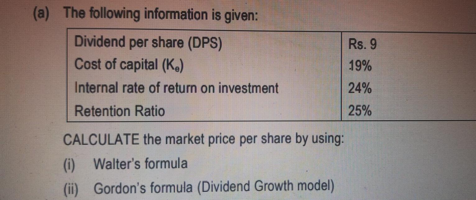 Solved (a) The following information is given: Dividend per