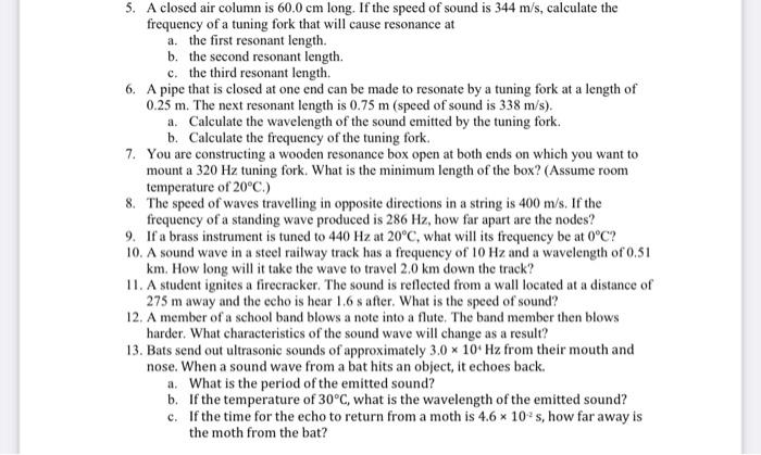 Solved 5. A Closed Air Column Is 60.0 Cm Long. If The Speed 