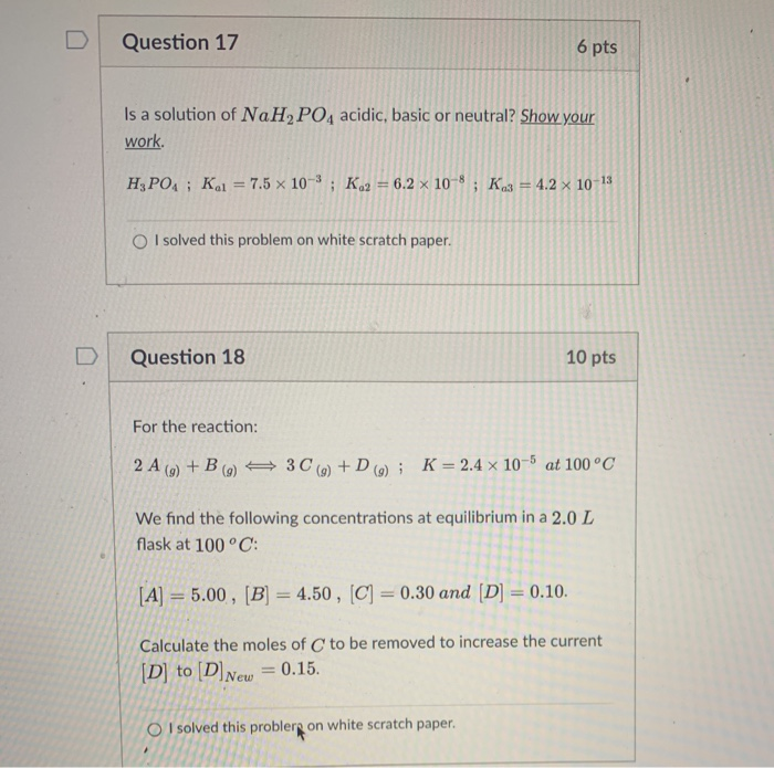 Solved Question 17 6 pts Is a solution of NaH2PO4 acidic, | Chegg.com