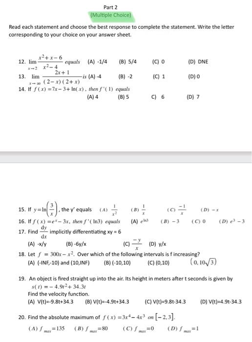 Solved Read each statement and choose the best response to | Chegg.com